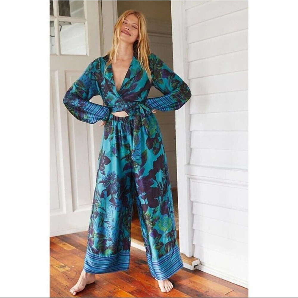 Anthropologie Mary O'Malley Silk Satin Floral Jumpsuit $250 Medium